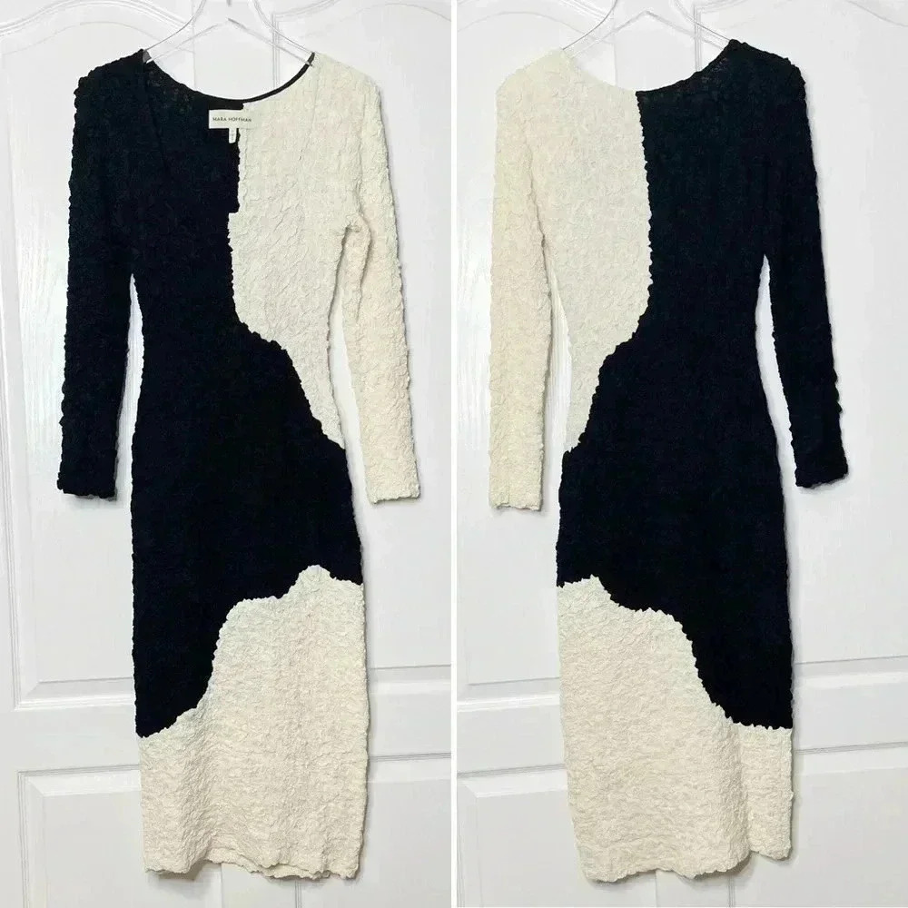 Mara Hoffman Black and White Colorblock Textured Long Sleeve Dress - Picture 4 of 8